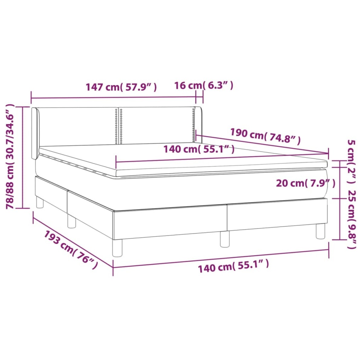 vidaXL Κρεβάτι Boxspring με Στρώμα Μαύρο 140x190 εκ. Υφασμάτινο