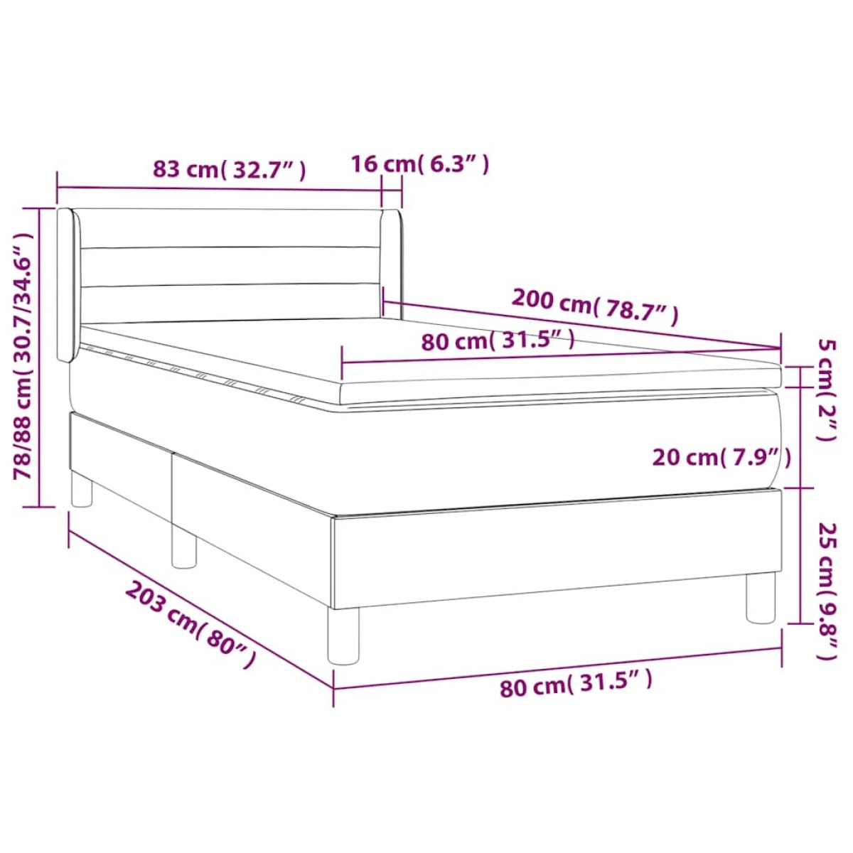 vidaXL Κρεβάτι Boxspring με Στρώμα Μαύρο 80 x 200 εκ. Βελούδινο