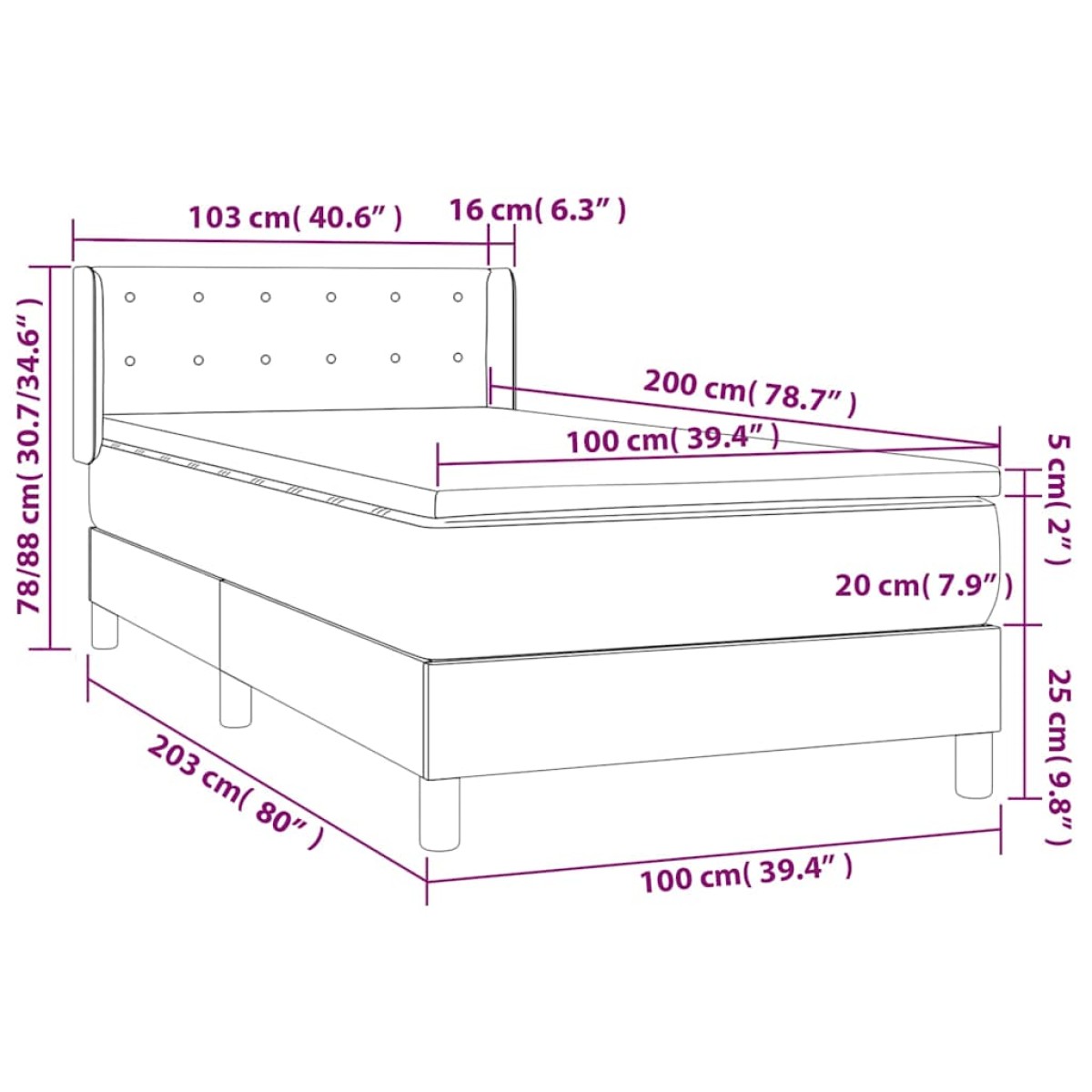vidaXL Κρεβάτι Boxspring με Στρώμα Μαύρο 100x200 εκ. Βελούδινο