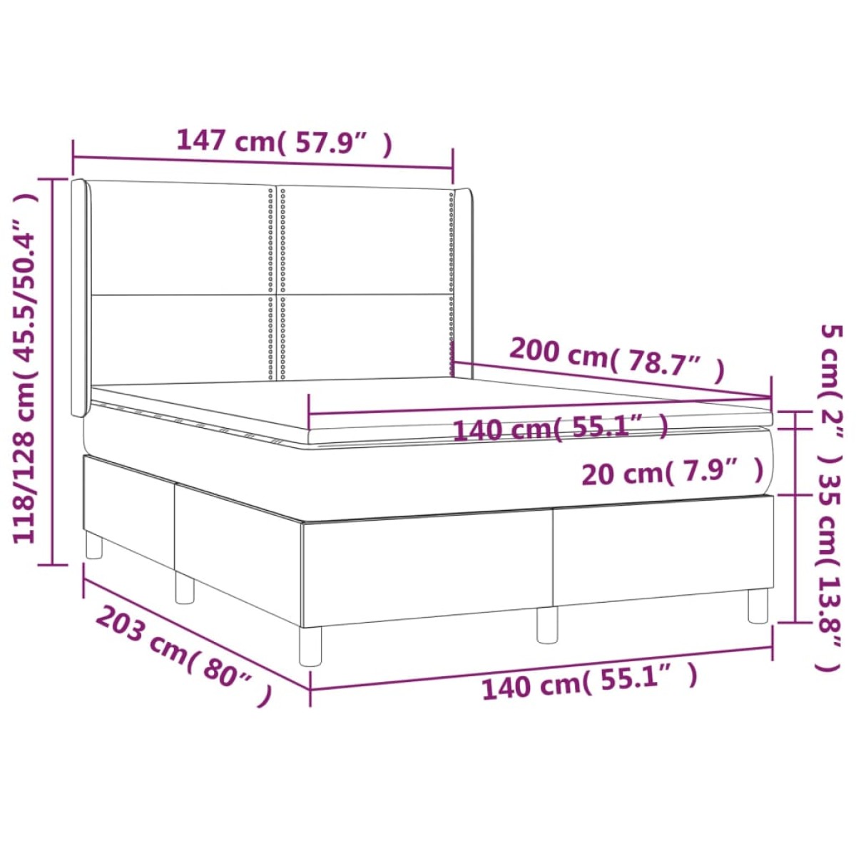 vidaXL Κρεβάτι Boxspring με Στρώμα Σκούρο Γκρι 140x200 εκ Υφασμάτινο