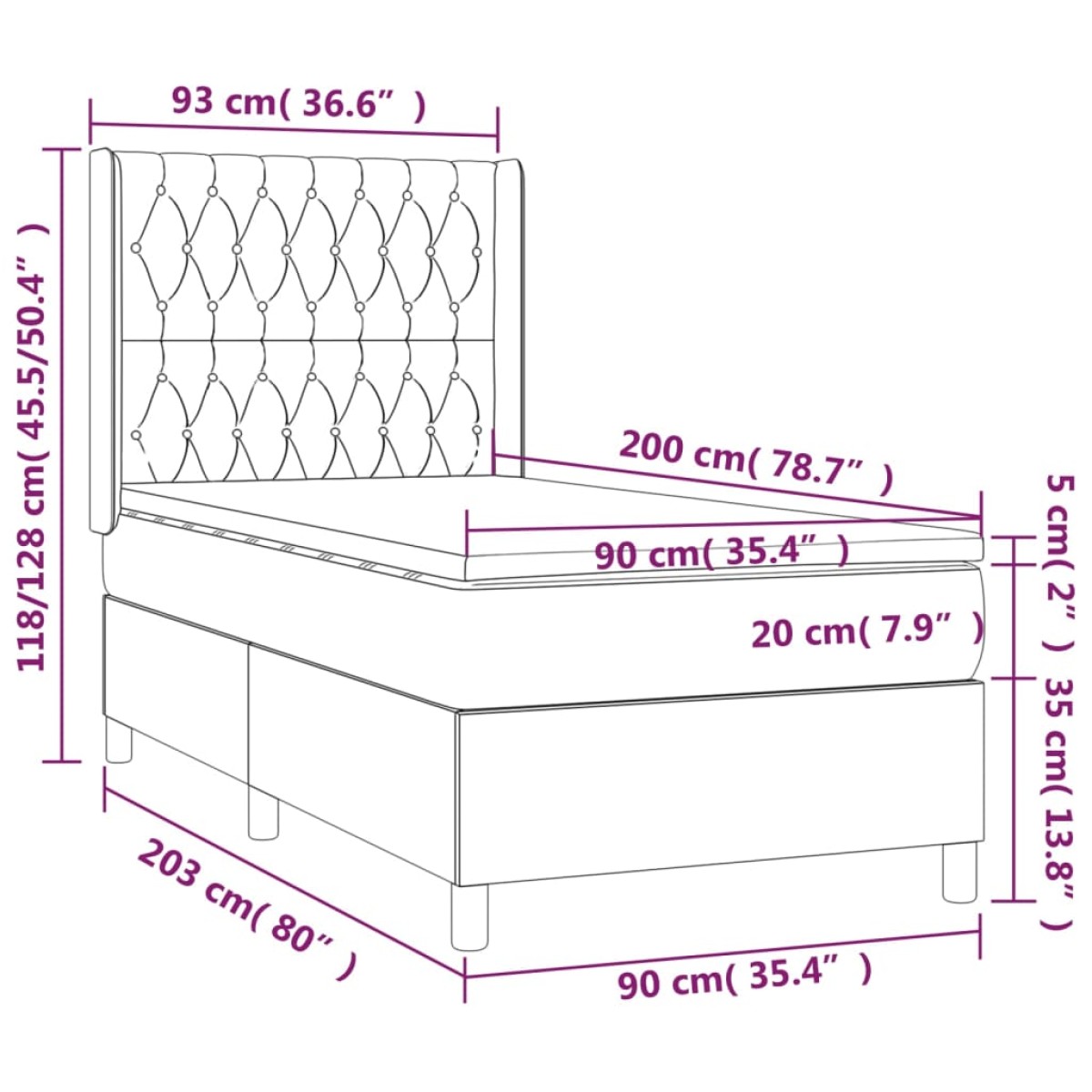 vidaXL Κρεβάτι Boxspring με Στρώμα Σκούρο Καφέ 90x200 εκ. Υφασμάτινο