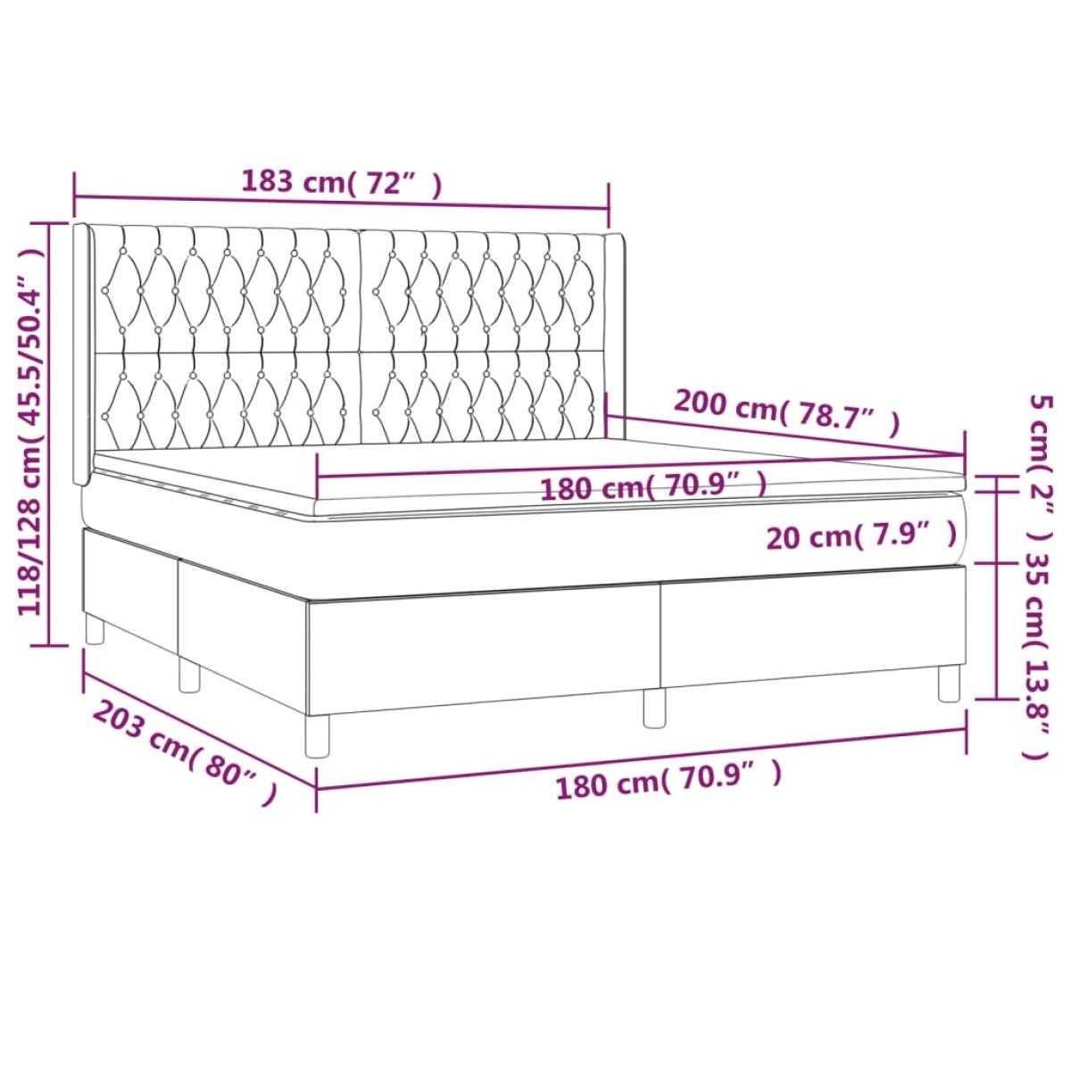 vidaXL Κρεβάτι Boxspring με Στρώμα Σκούρο Γκρι 180x200 εκ Υφασμάτιν