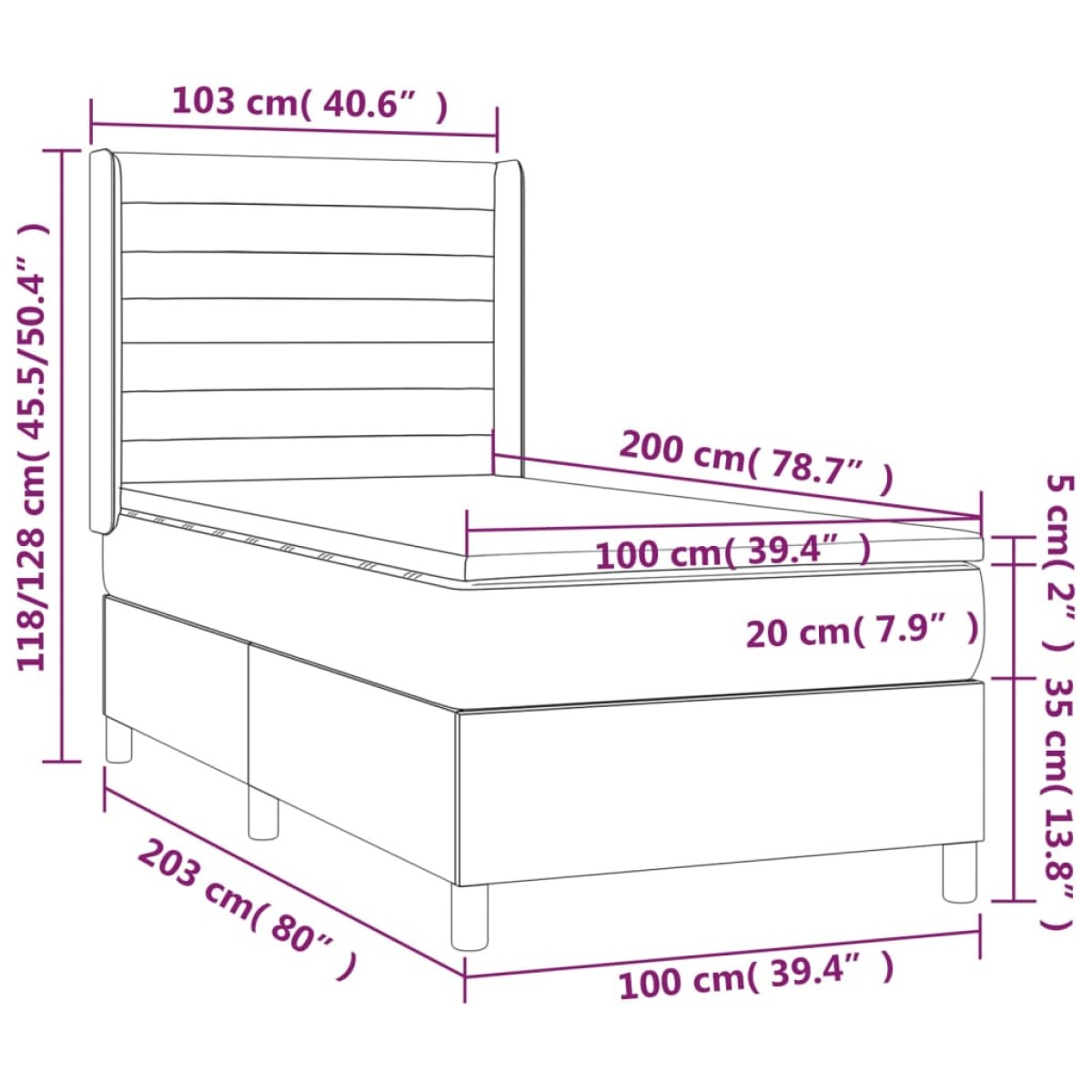 vidaXL Κρεβάτι Boxspring με Στρώμα Σκούρο Γκρι 100x200 εκ. Υφασμάτινο
