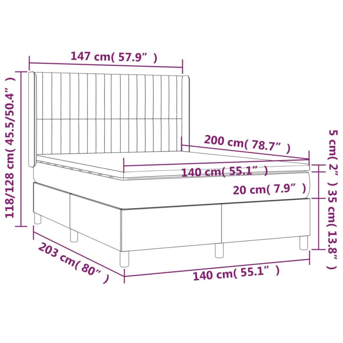 vidaXL Κρεβάτι Boxspring με Στρώμα Κρεμ 140x200 εκ. Υφασμάτινο