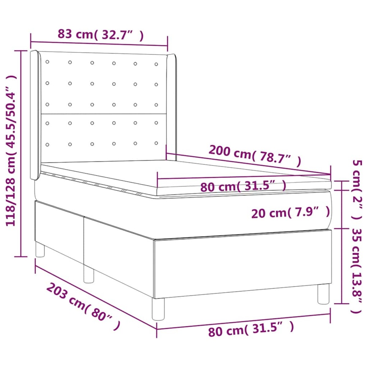 vidaXL Κρεβάτι Boxspring με Στρώμα Μαύρο 80 x 200 εκ. Υφασμάτινο