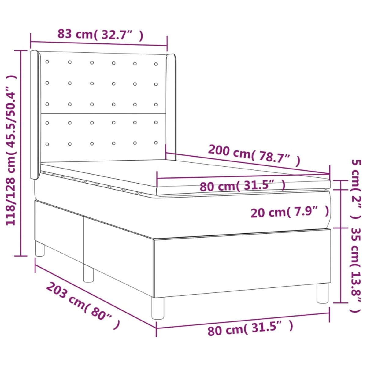 vidaXL Κρεβάτι Boxspring με Στρώμα Σκούρο Καφέ 80x200 εκ. Υφασμάτινο
