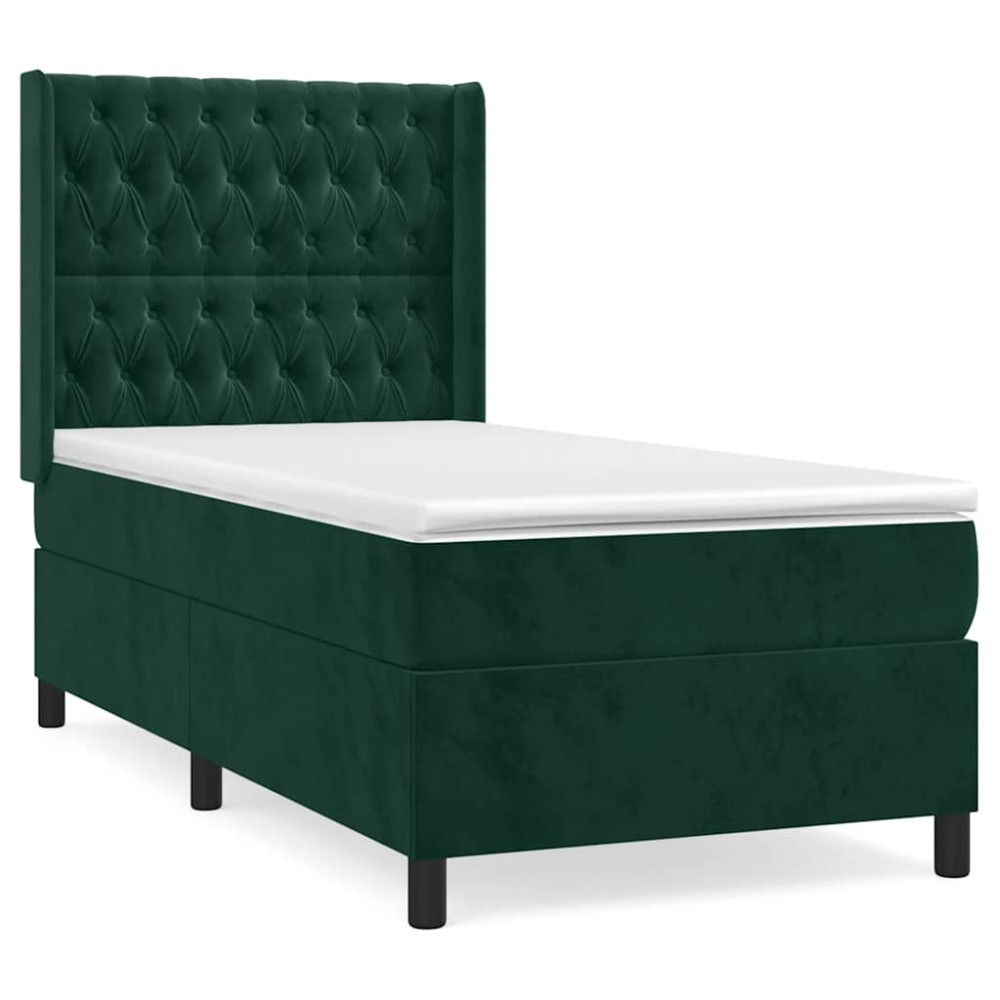 vidaXL Κρεβάτι Boxspring με Στρώμα Σκούρο Πράσινο 90x200 εκ. Βελούδινο