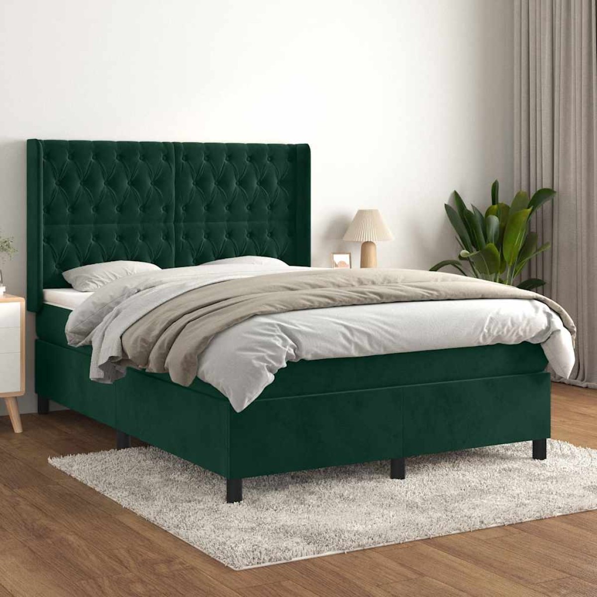 vidaXL Κρεβάτι Boxspring με Στρώμα Σκούρο Πράσινο 140x190εκ. Βελούδινο