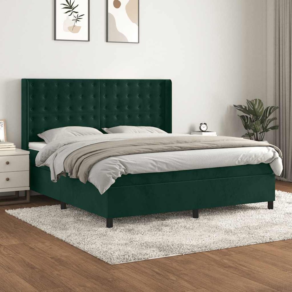 vidaXL Κρεβάτι Boxspring με Στρώμα Σκούρο Πράσινο 160x200εκ. Βελούδινο