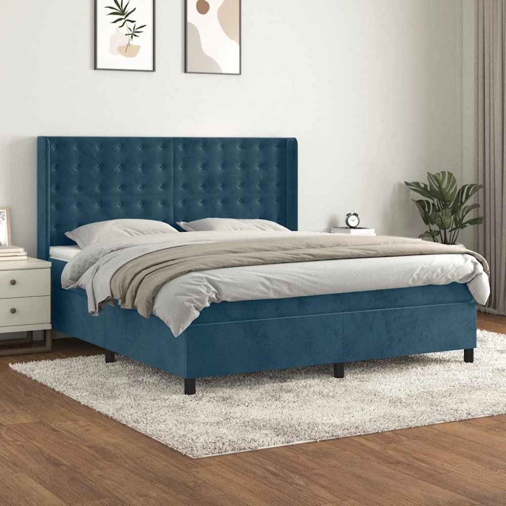 vidaXL Κρεβάτι Boxspring με Στρώμα Σκούρο Μπλε 160x200 εκ. Βελούδινο