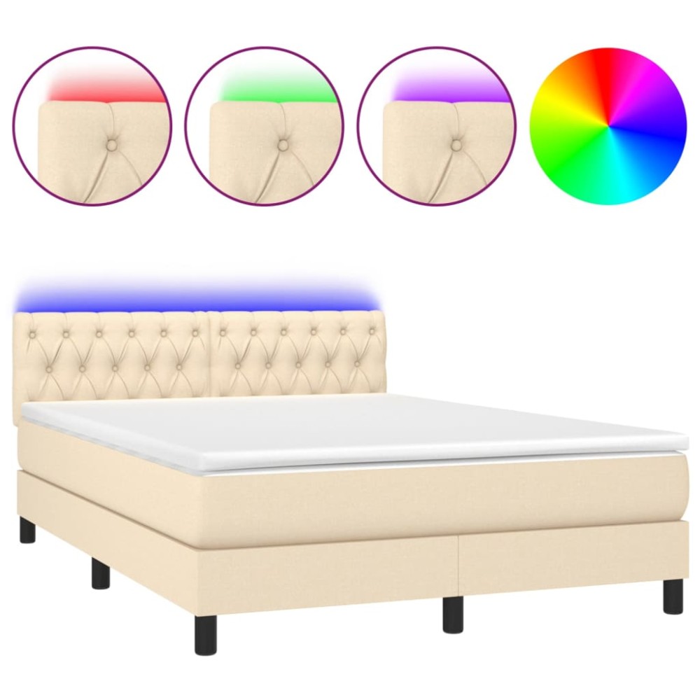 vidaXL Κρεβάτι Boxspring με Στρώμα & LED Κρεμ 140x200 εκ. Υφασμάτινο