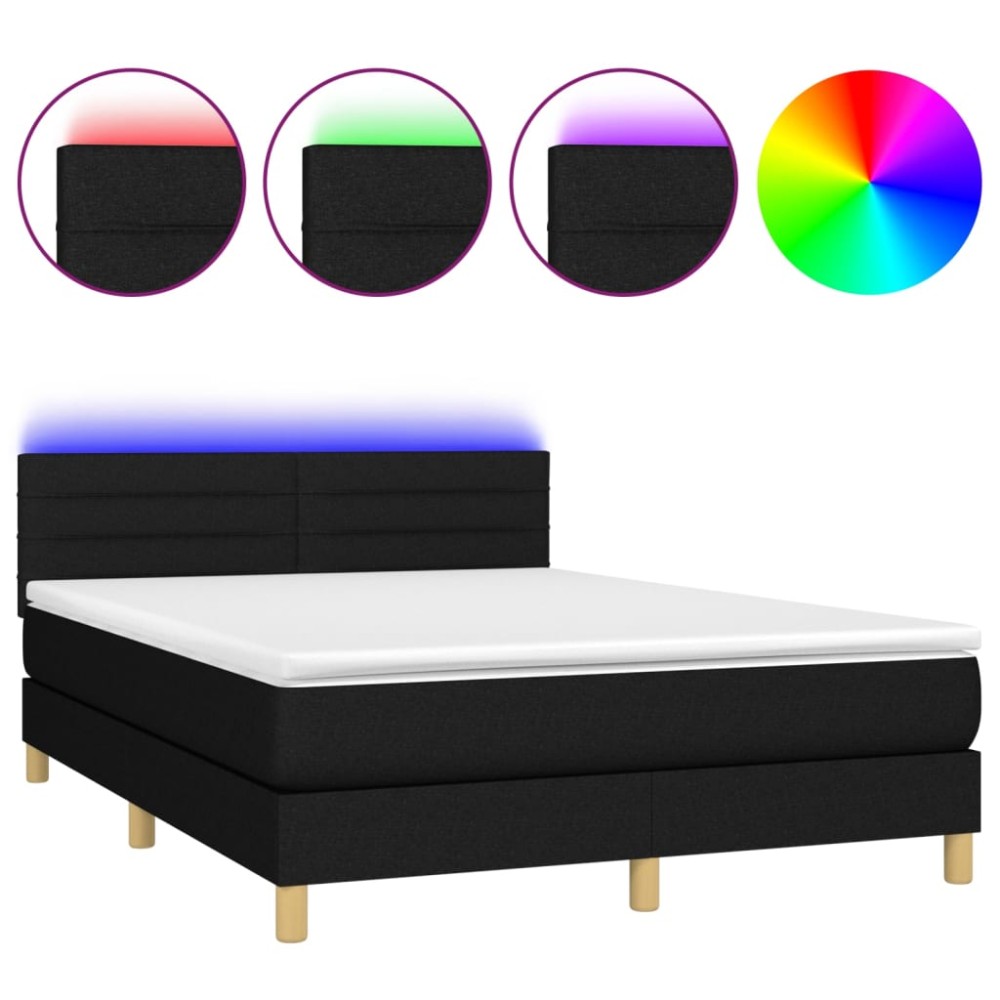 vidaXL Κρεβάτι Boxspring με Στρώμα & LED Μαύρο 140x190 εκ. Υφασμάτινο