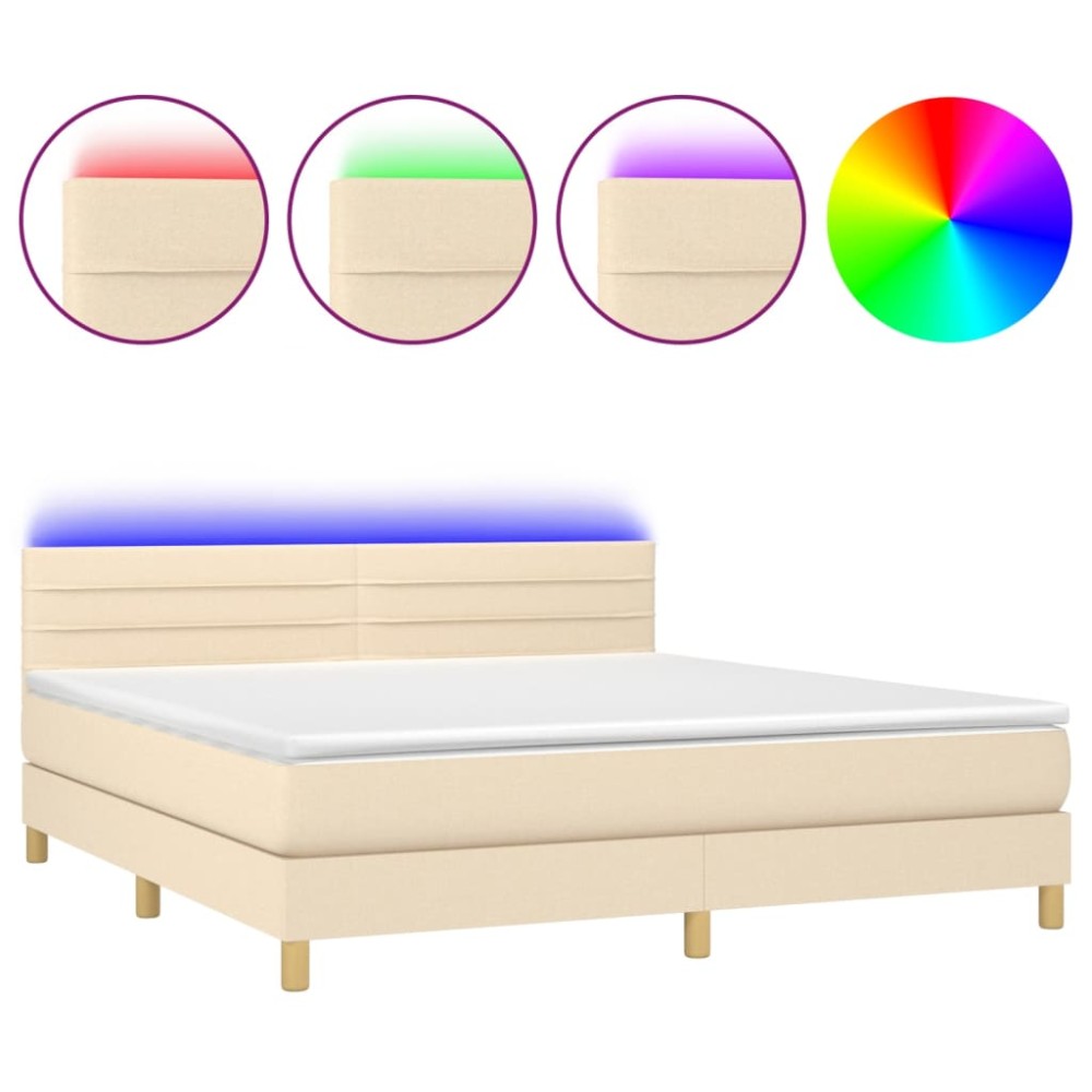 vidaXL Κρεβάτι Boxspring με Στρώμα & LED Κρεμ 180x200 εκ. Υφασμάτινο