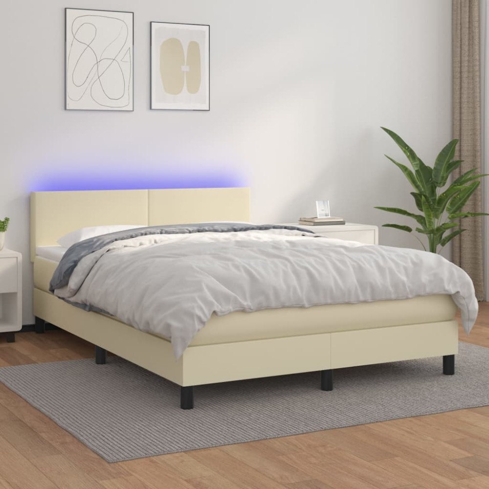 vidaXL Κρεβάτι Boxspring με Στρώμα & LED Κρεμ 140x190 εκ. Συνθ. Δέρμα