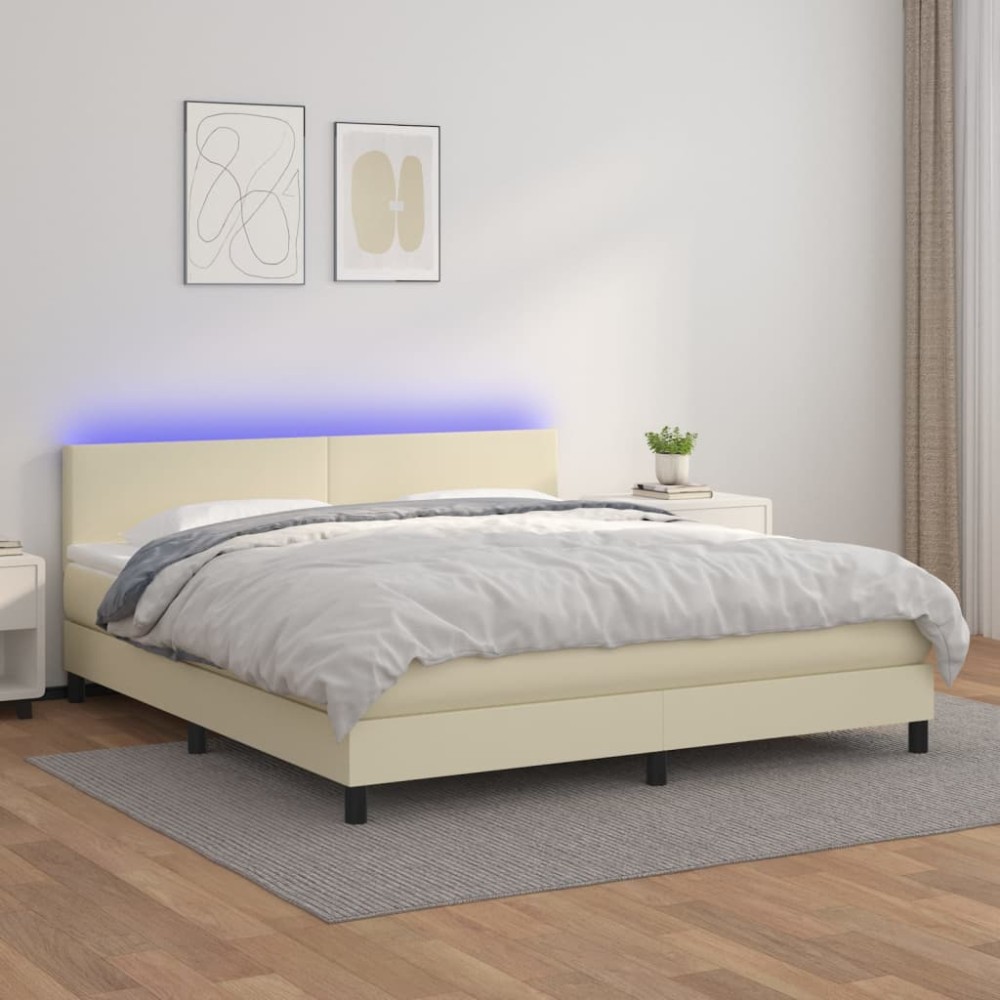 vidaXL Κρεβάτι Boxspring με Στρώμα & LED Κρεμ 180x200 εκ. Συνθ. Δέρμα