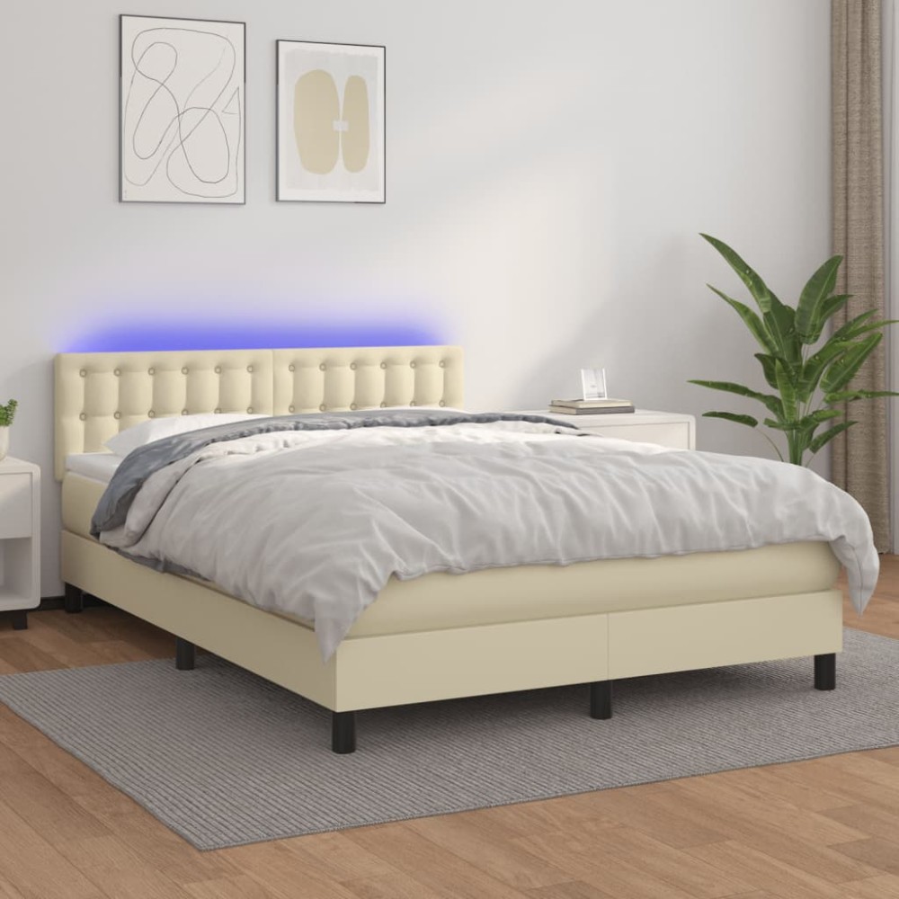 vidaXL Κρεβάτι Boxspring με Στρώμα & LED Κρεμ 140x200 εκ. Συνθ. Δέρμα