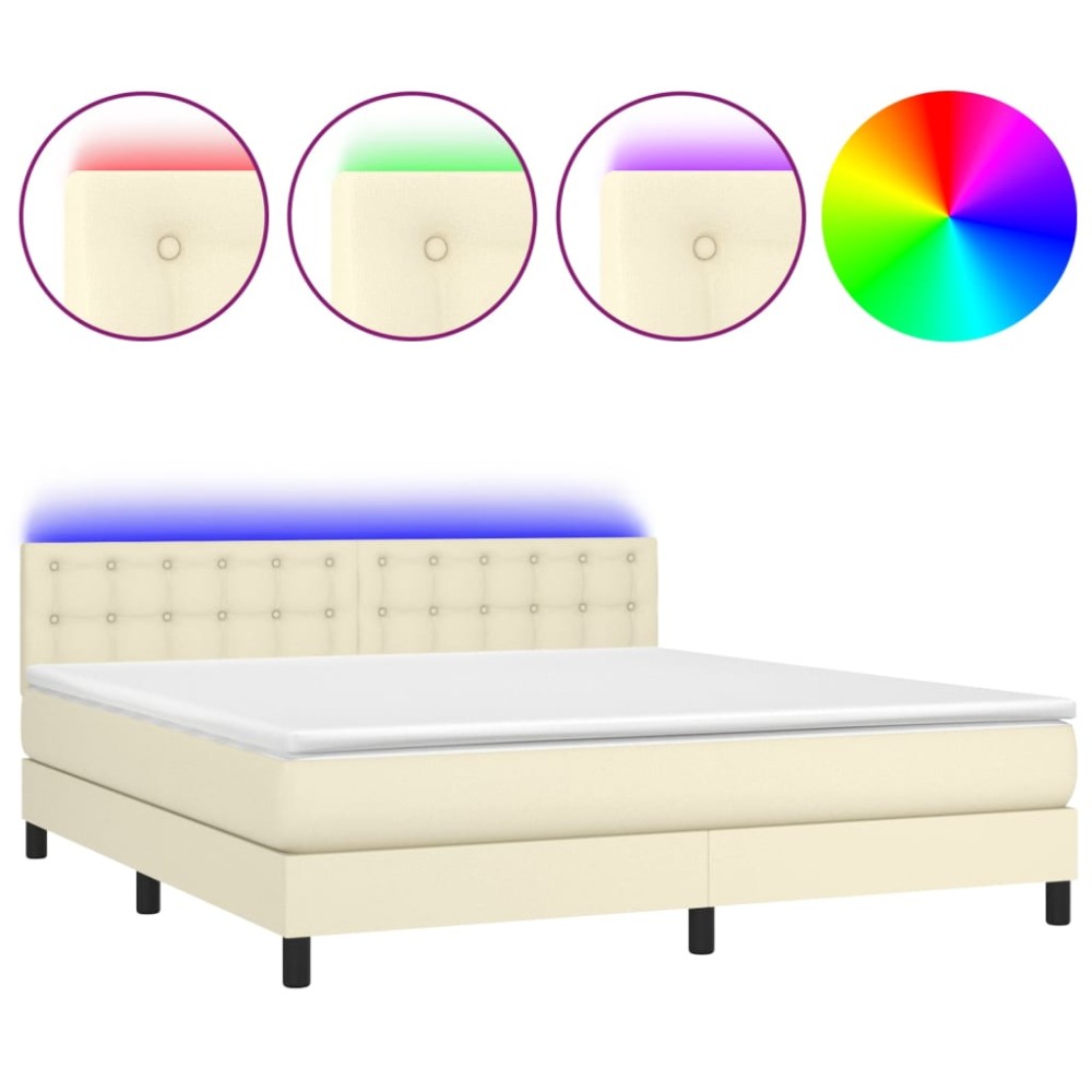 vidaXL Κρεβάτι Boxspring με Στρώμα & LED Κρεμ 180x200 εκ. Συνθ. Δέρμα