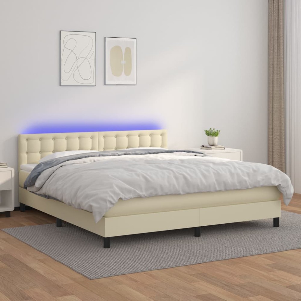 vidaXL Κρεβάτι Boxspring με Στρώμα & LED Κρεμ 180x200 εκ. Συνθ. Δέρμα