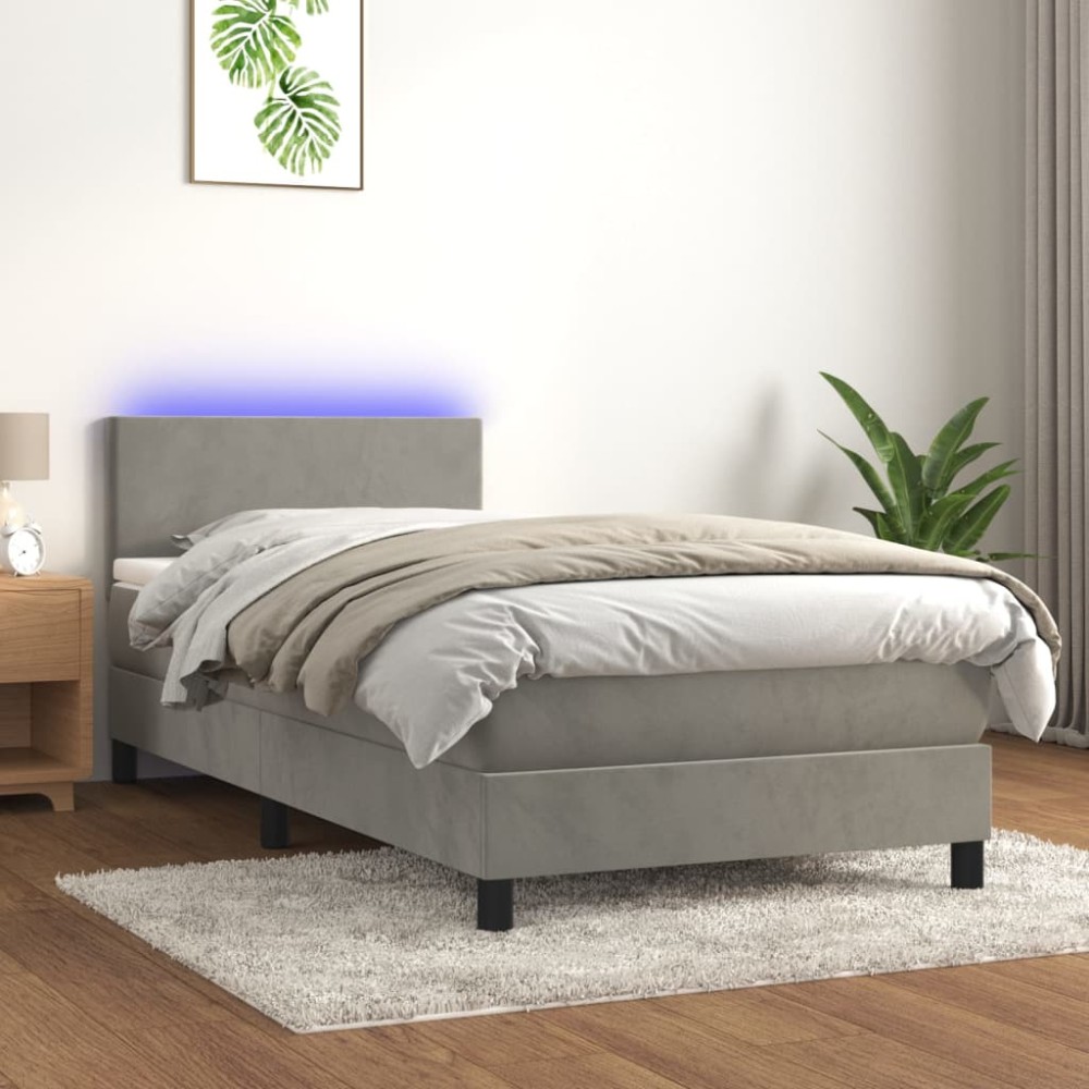 vidaXL Κρεβάτι Boxspring με Στρώμα & LED Αν.Γκρι 90x200 εκ. Βελούδινο