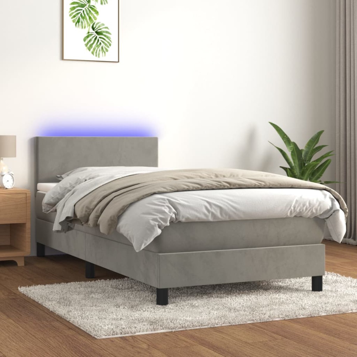 vidaXL Κρεβάτι Boxspring με Στρώμα & LED Αν.Γκρι 90x200 εκ. Βελούδινο