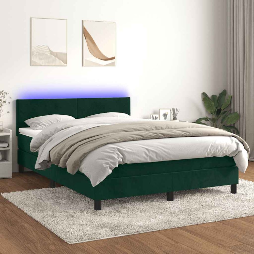 vidaXL Κρεβάτι Boxspring με Στρώμα & LED Σκ. Πράσινο 140x190εκ Βελούδο