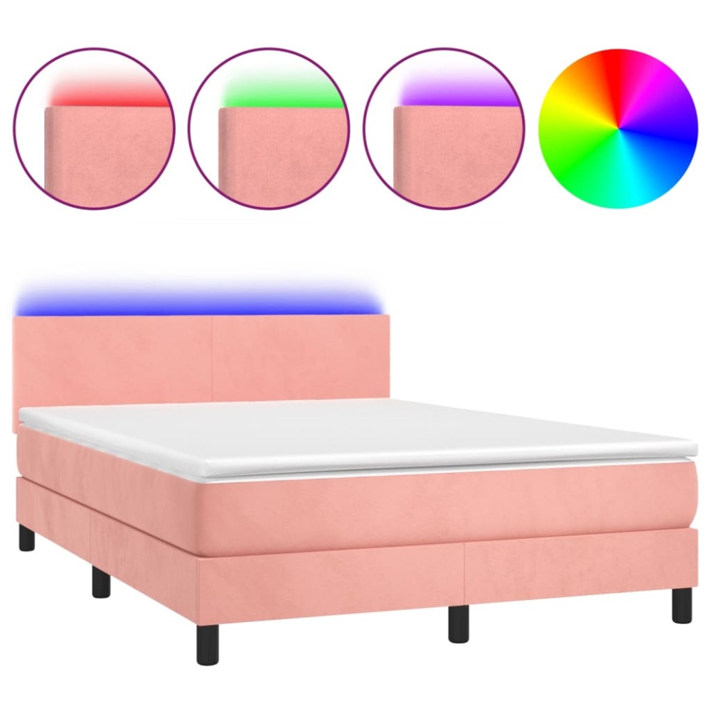 vidaXL Κρεβάτι Boxspring με Στρώμα & LED Ροζ 140x190 εκ. Βελούδινο