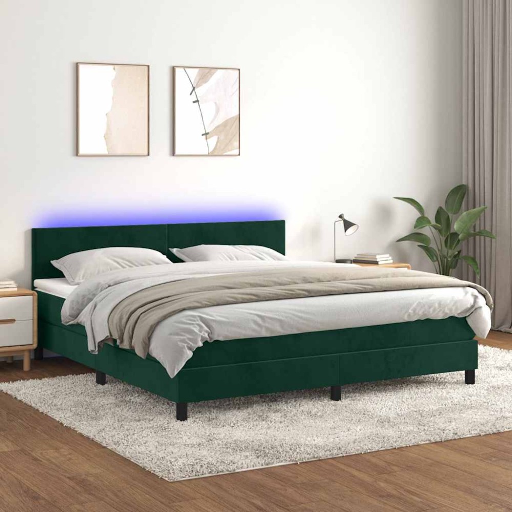 vidaXL Κρεβάτι Boxspring με Στρώμα & LED Σκ. Πράσινο 160x200εκ Βελούδο