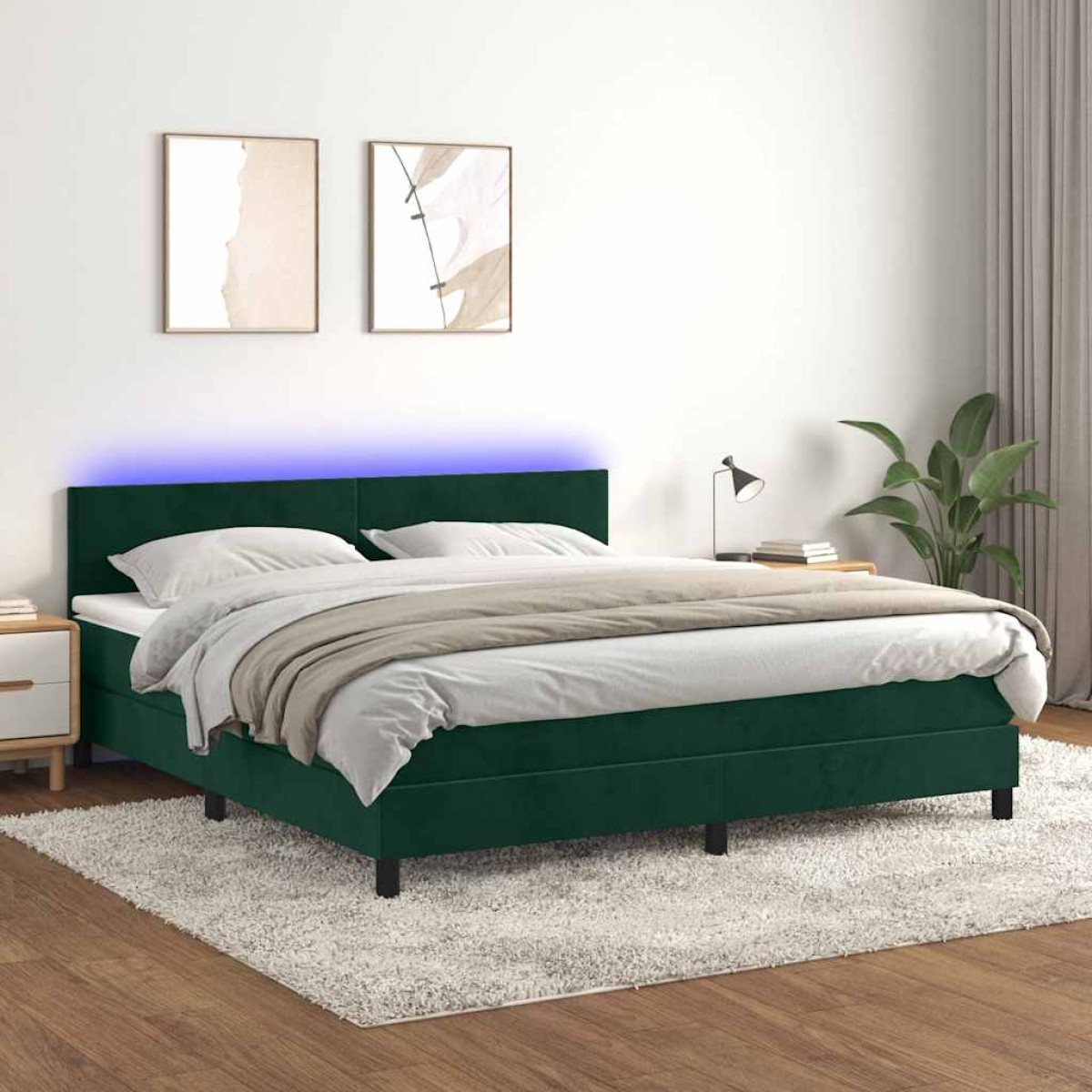 vidaXL Κρεβάτι Boxspring με Στρώμα & LED Σκ. Πράσινο 160x200εκ Βελούδο