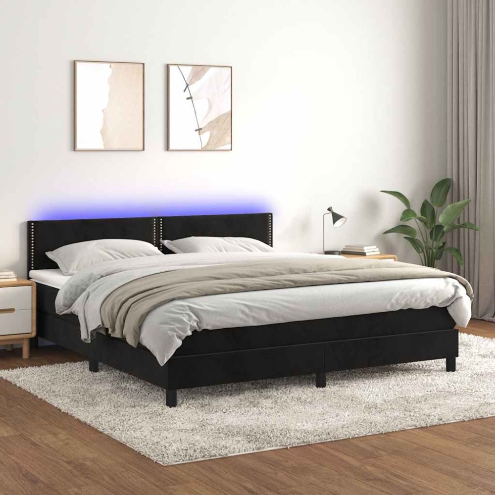 vidaXL Κρεβάτι Boxspring με Στρώμα & LED Μαύρο 180x200 εκ. Βελούδινο