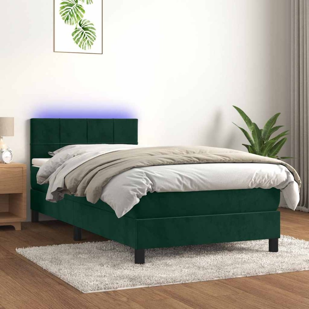 vidaXL Κρεβάτι Boxspring με Στρώμα & LED Σκ. Πράσινο 80x200 εκ Βελούδο
