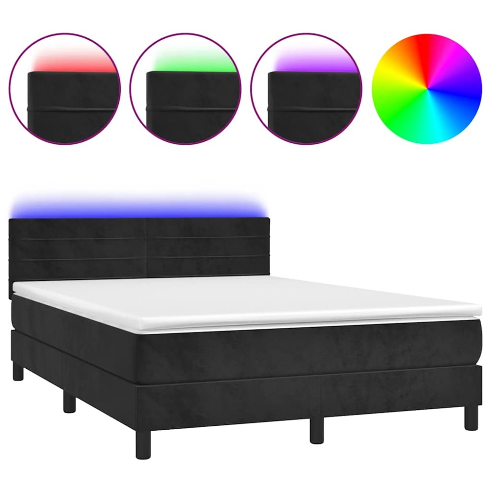 vidaXL Κρεβάτι Boxspring με Στρώμα & LED Μαύρο 140x200 εκ. Βελούδινο