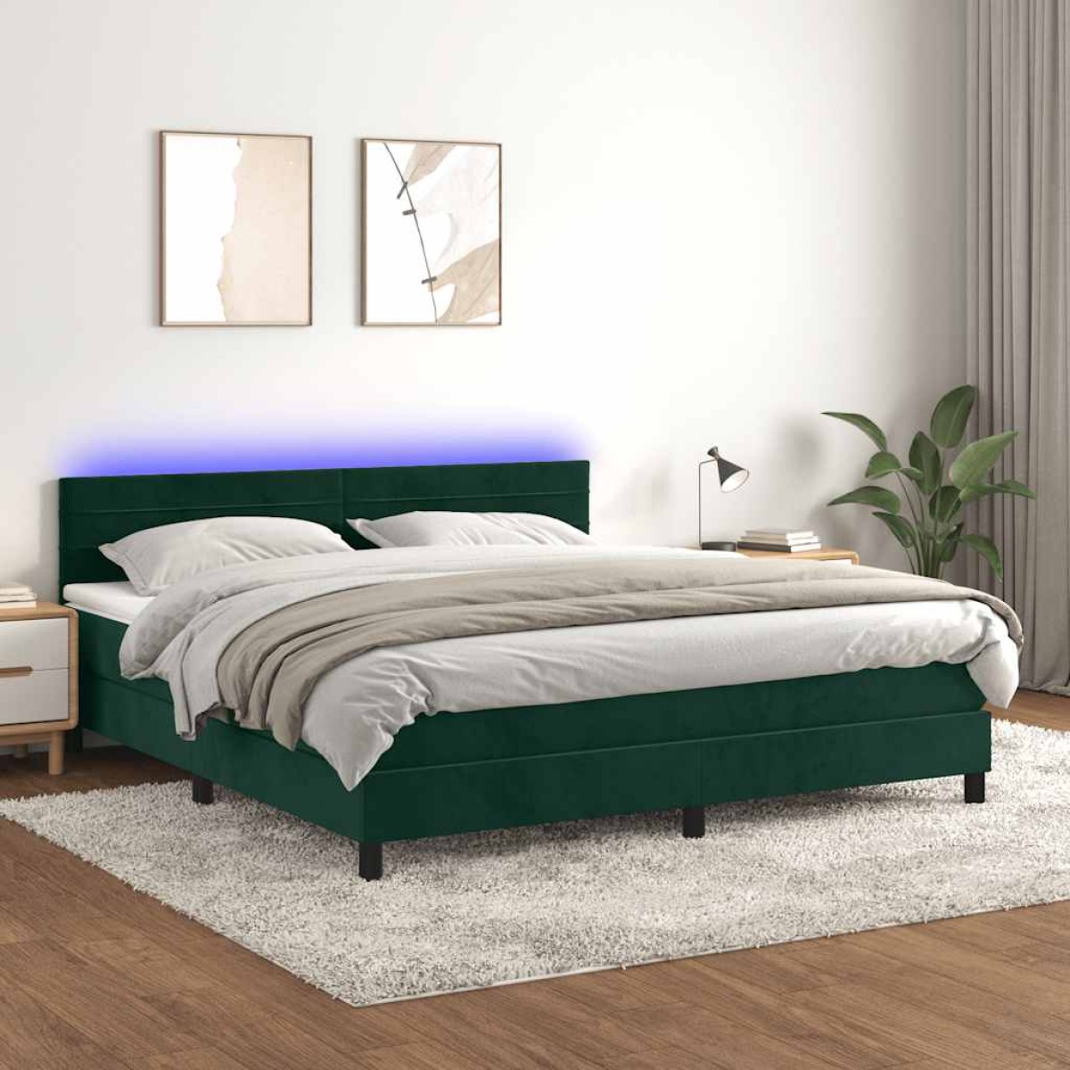 vidaXL Κρεβάτι Boxspring με Στρώμα & LED Σκ. Πράσινο 180x200εκ Βελούδο