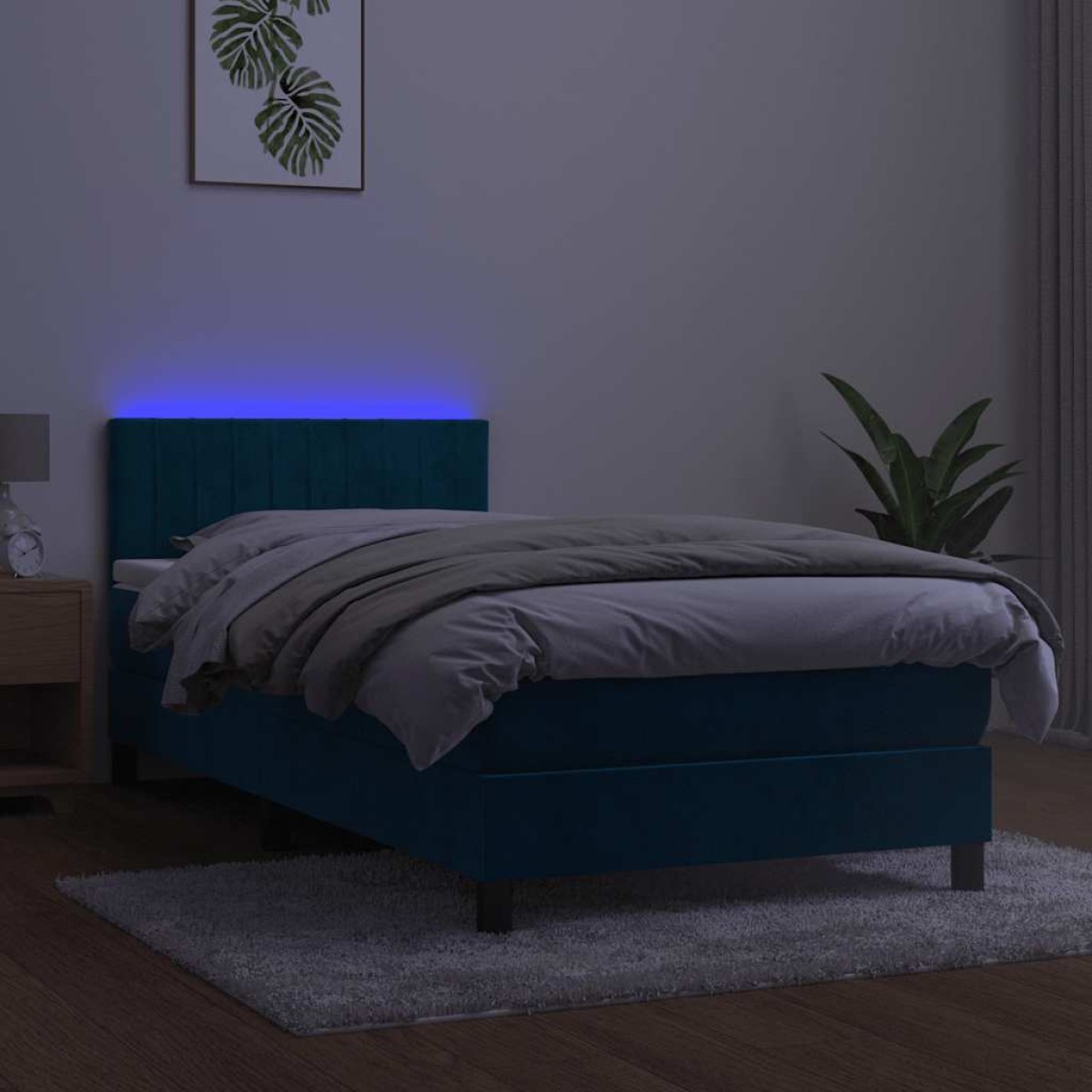 vidaXL Κρεβάτι Boxspring με Στρώμα & LED Σκ. Μπλε 90x200 εκ. Βελούδινο