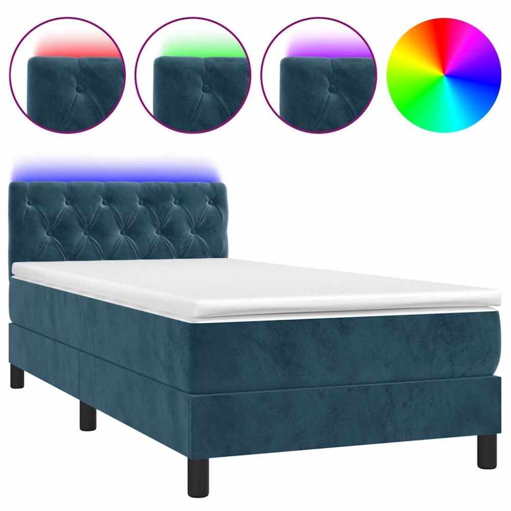 vidaXL Κρεβάτι Boxspring με Στρώμα & LED Σκ. Μπλε 80x200 εκ. Βελούδινο
