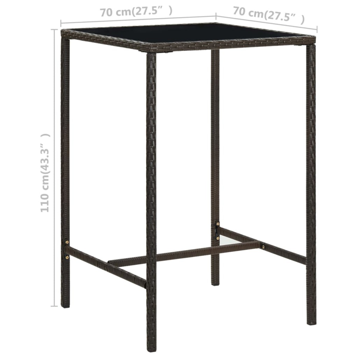 vidaXL Τραπέζι Μπαρ Κήπου Καφέ 70x70x110 εκ. Συνθετικό Ρατάν/Γυαλί