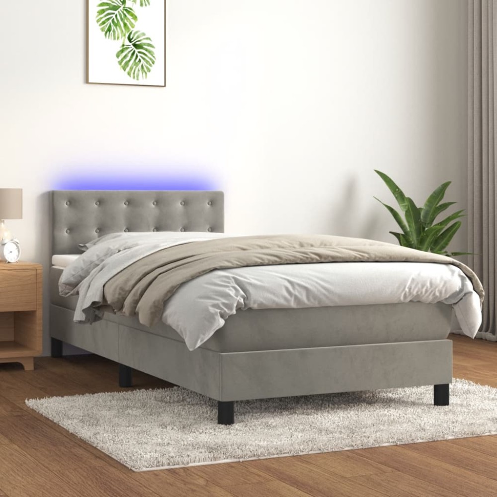 vidaXL Κρεβάτι Boxspring με Στρώμα & LED Αν.Γκρι 90x200 εκ. Βελούδινο