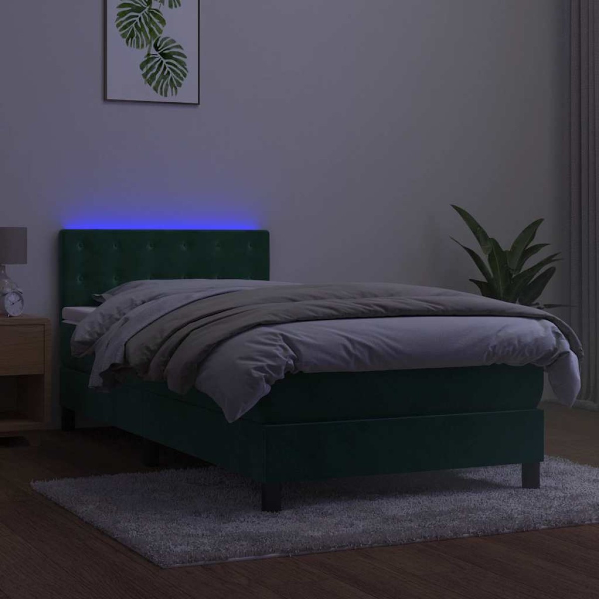 vidaXL Κρεβάτι Boxspring με Στρώμα & LED Σκ. Πράσινο 100x200εκ Βελούδο