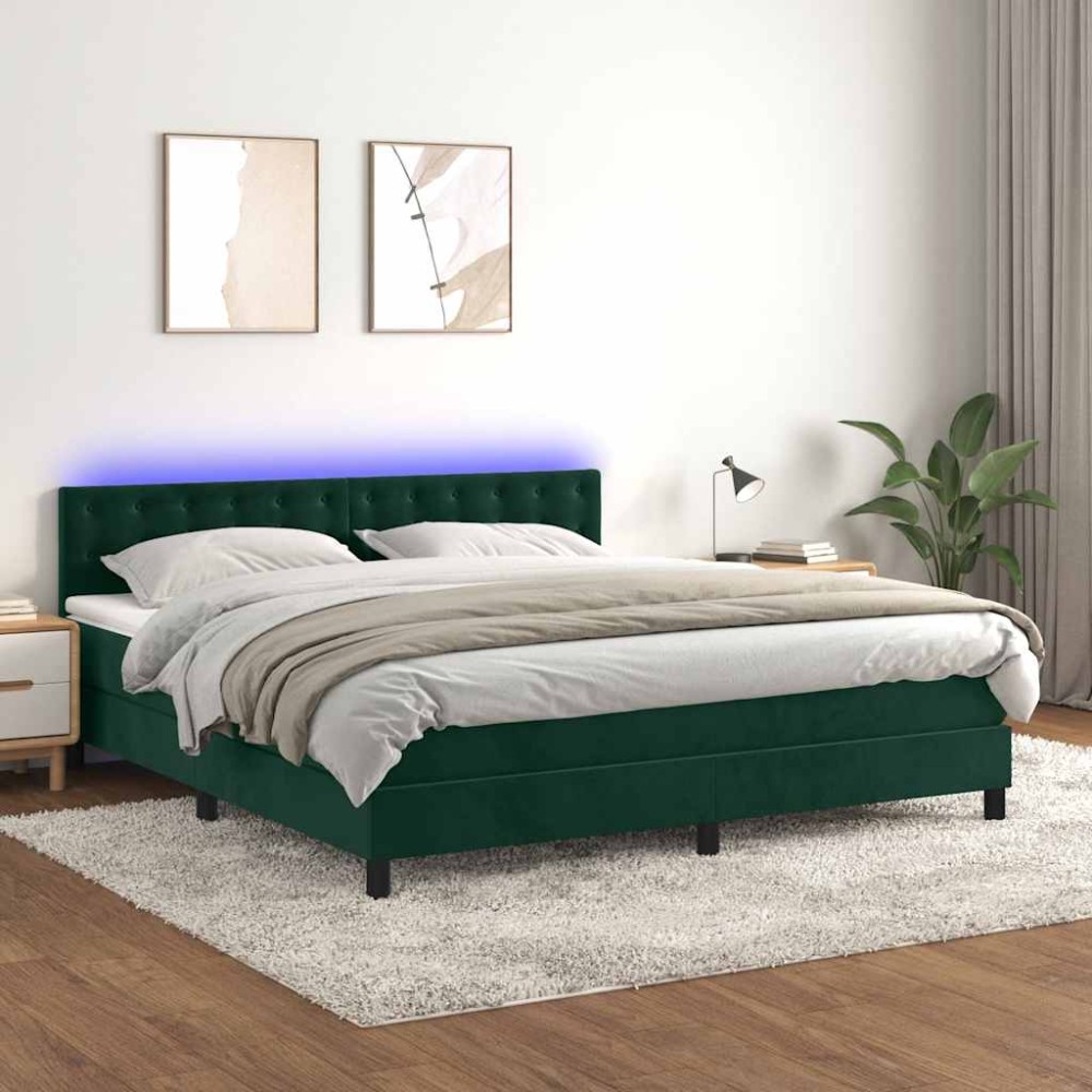 vidaXL Κρεβάτι Boxspring με Στρώμα & LED Σκ. Πράσινο 180x200εκ Βελούδο