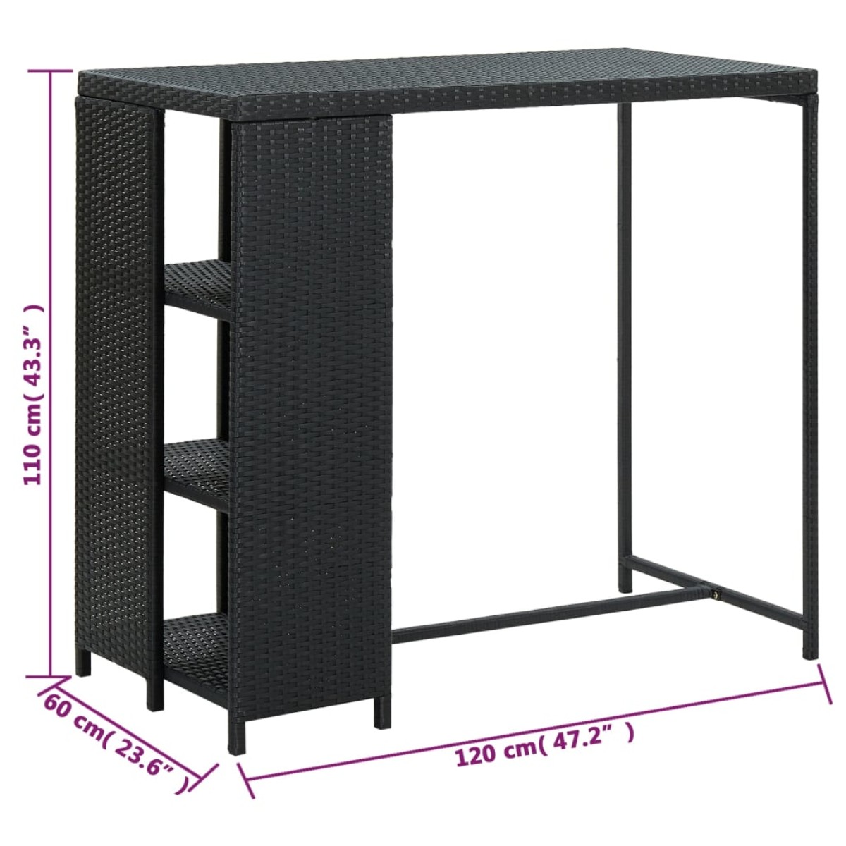 vidaXL Τραπέζι Μπαρ με Ράφια Μαύρο 120x60x110 εκ. από Συνθετικό Ρατάν