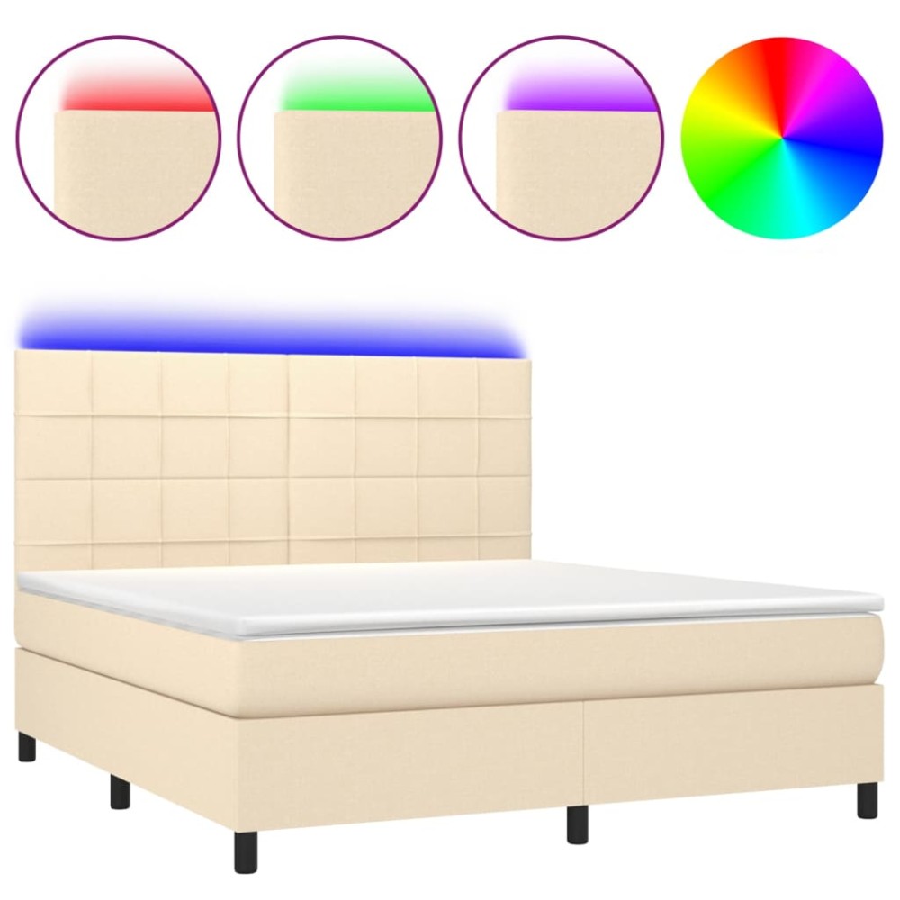 vidaXL Κρεβάτι Boxspring με Στρώμα & LED Κρεμ 180x200 εκ. Υφασμάτινο