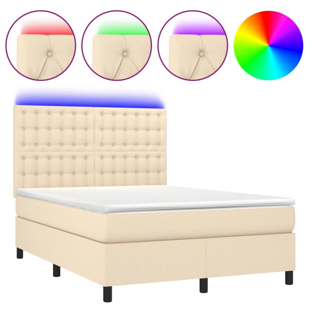 vidaXL Κρεβάτι Boxspring με Στρώμα & LED Κρεμ 140x190 εκ. Υφασμάτινο