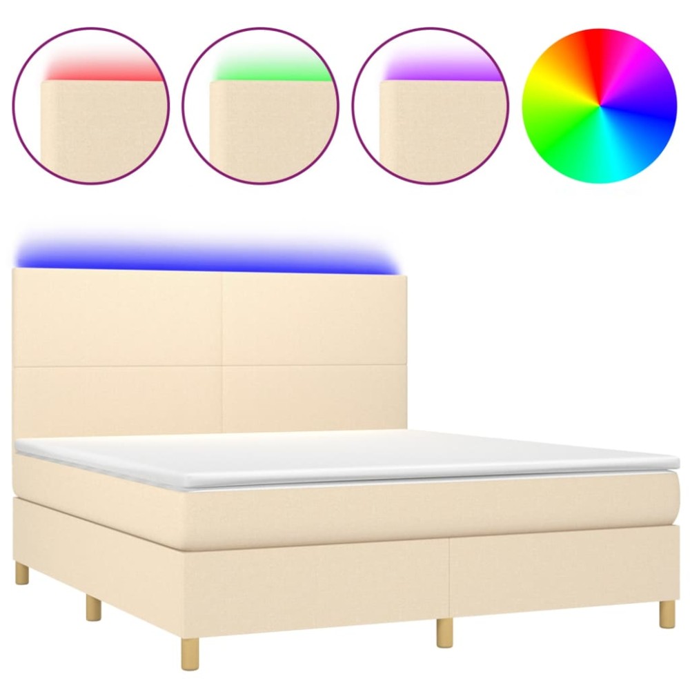 vidaXL Κρεβάτι Boxspring με Στρώμα & LED Κρεμ 180x200 εκ. Υφασμάτινο