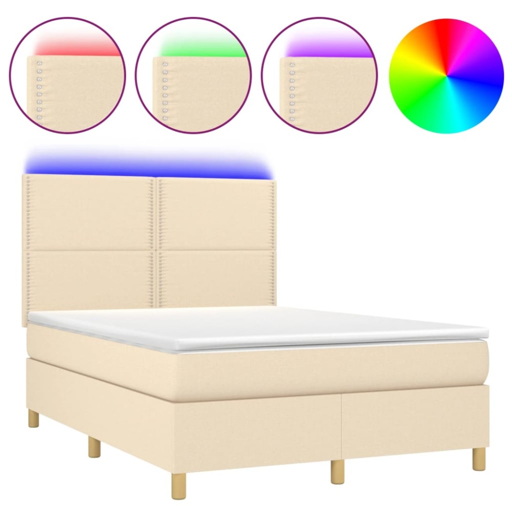vidaXL Κρεβάτι Boxspring με Στρώμα & LED Κρεμ 140x200 εκ. Υφασμάτινο