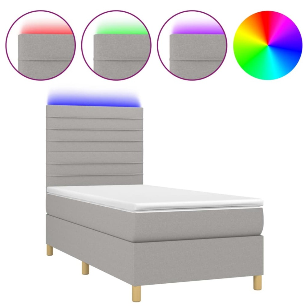 vidaXL Κρεβάτι Boxspring με Στρώμα & LED Αν.Γκρι 90x190 εκ. Υφασμάτινο