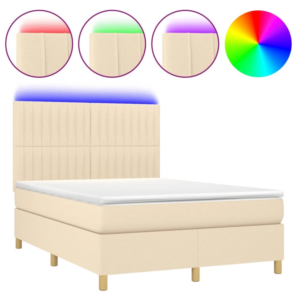 vidaXL Κρεβάτι Boxspring με Στρώμα & LED Κρεμ 140x190 εκ. Υφασμάτινο