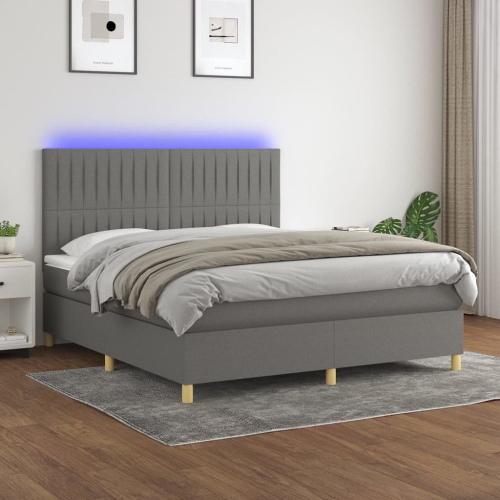 vidaXL Κρεβάτι Boxspring με Στρώμα & LED Σκ.Γκρι 160x200 εκ Υφασμάτινο