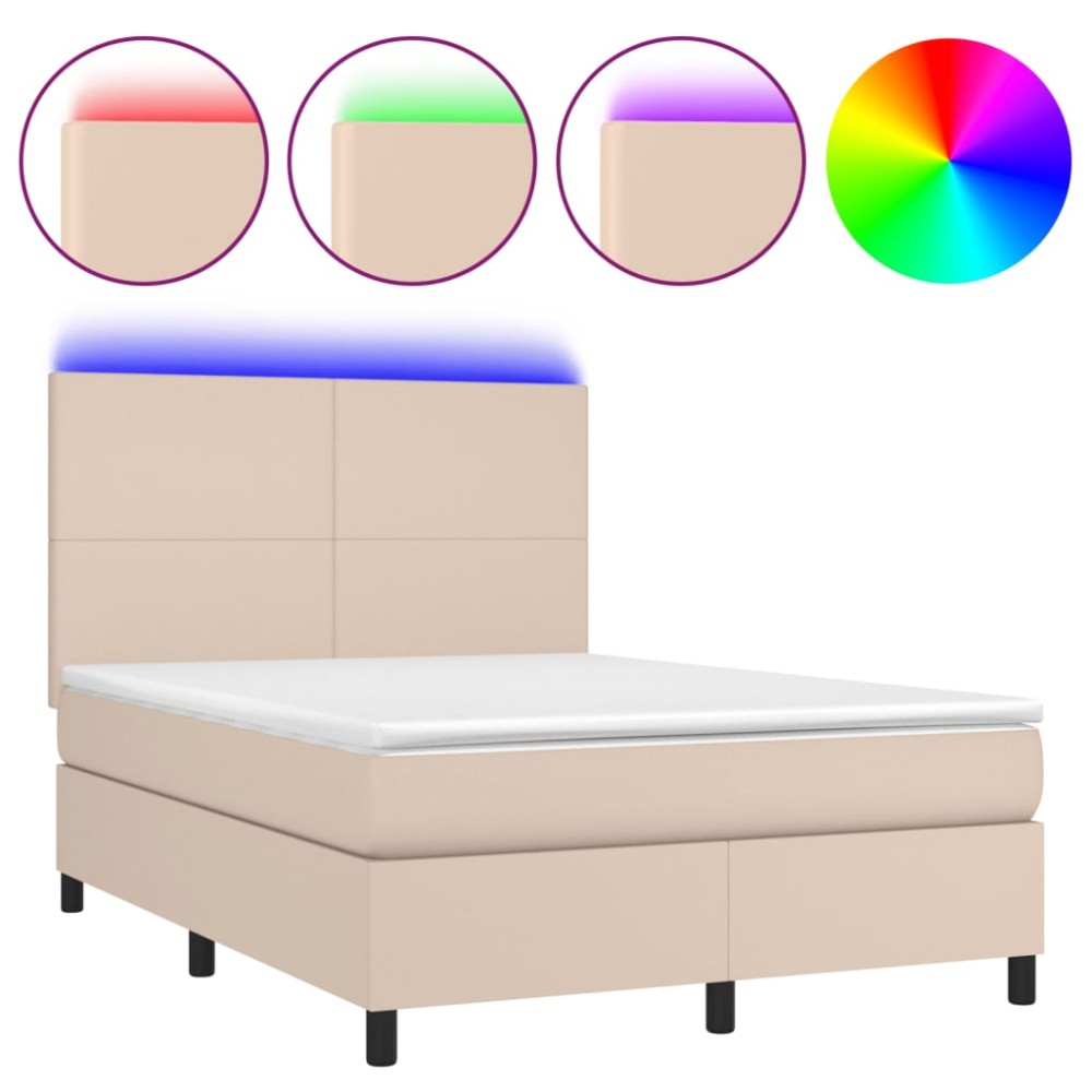 vidaXL Κρεβάτι Boxspring Στρώμα&LED Καπουτσίνο 140x190 εκ. Συνθ. Δέρμα