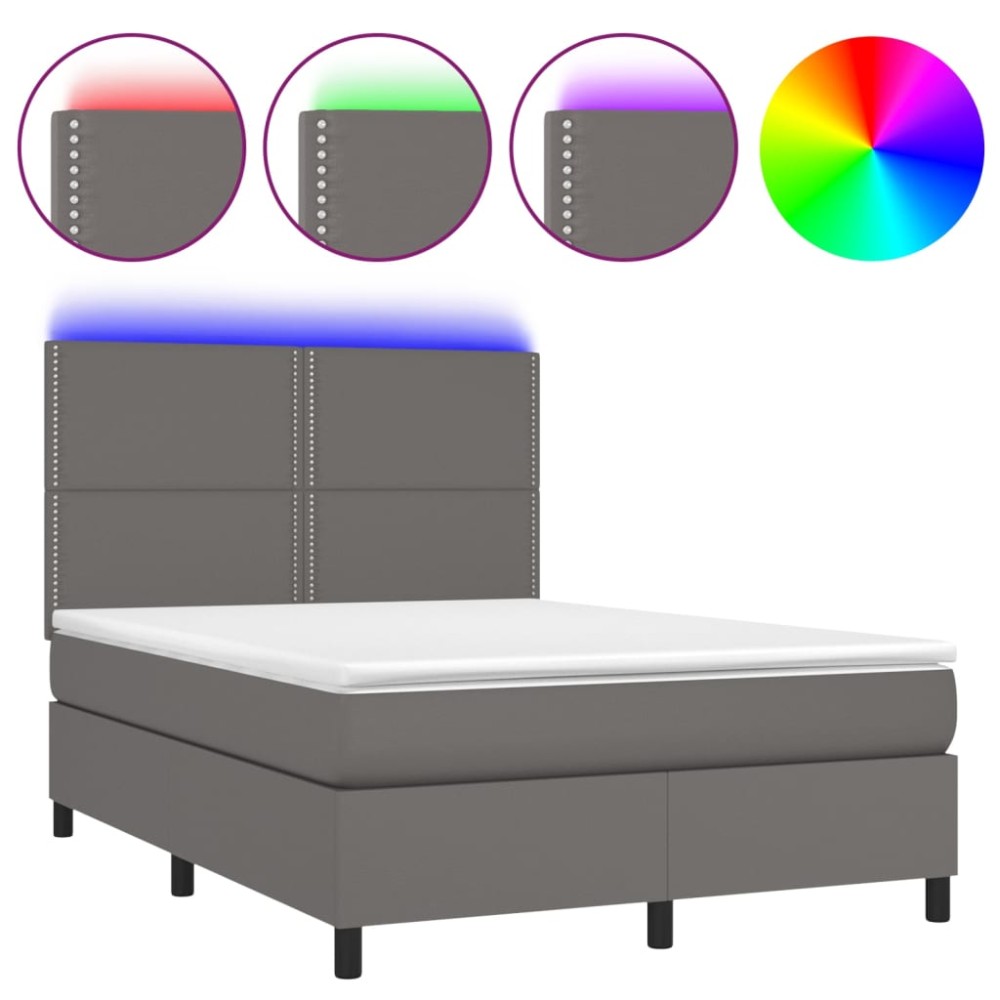 vidaXL Κρεβάτι Boxspring με Στρώμα & LED Γκρι 140x200 εκ. Συνθ. Δέρμα