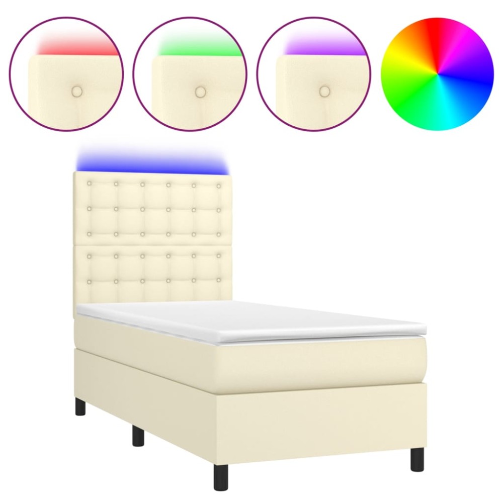 vidaXL Κρεβάτι Boxspring με Στρώμα & LED Κρεμ 90x190 εκ. Συνθ. Δέρμα