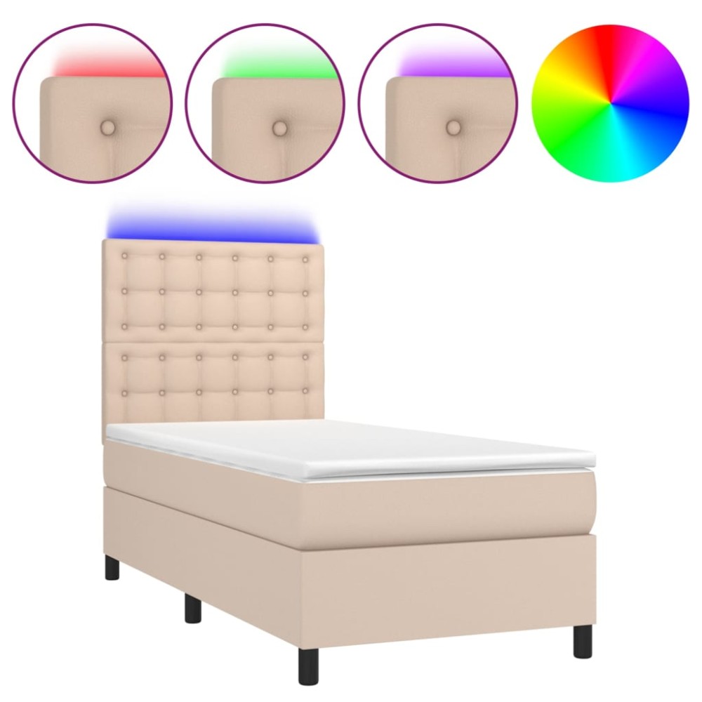vidaXL Κρεβάτι Boxspring Στρώμα&LED Καπουτσίνο 90x190 εκ. Συνθ. Δέρμα